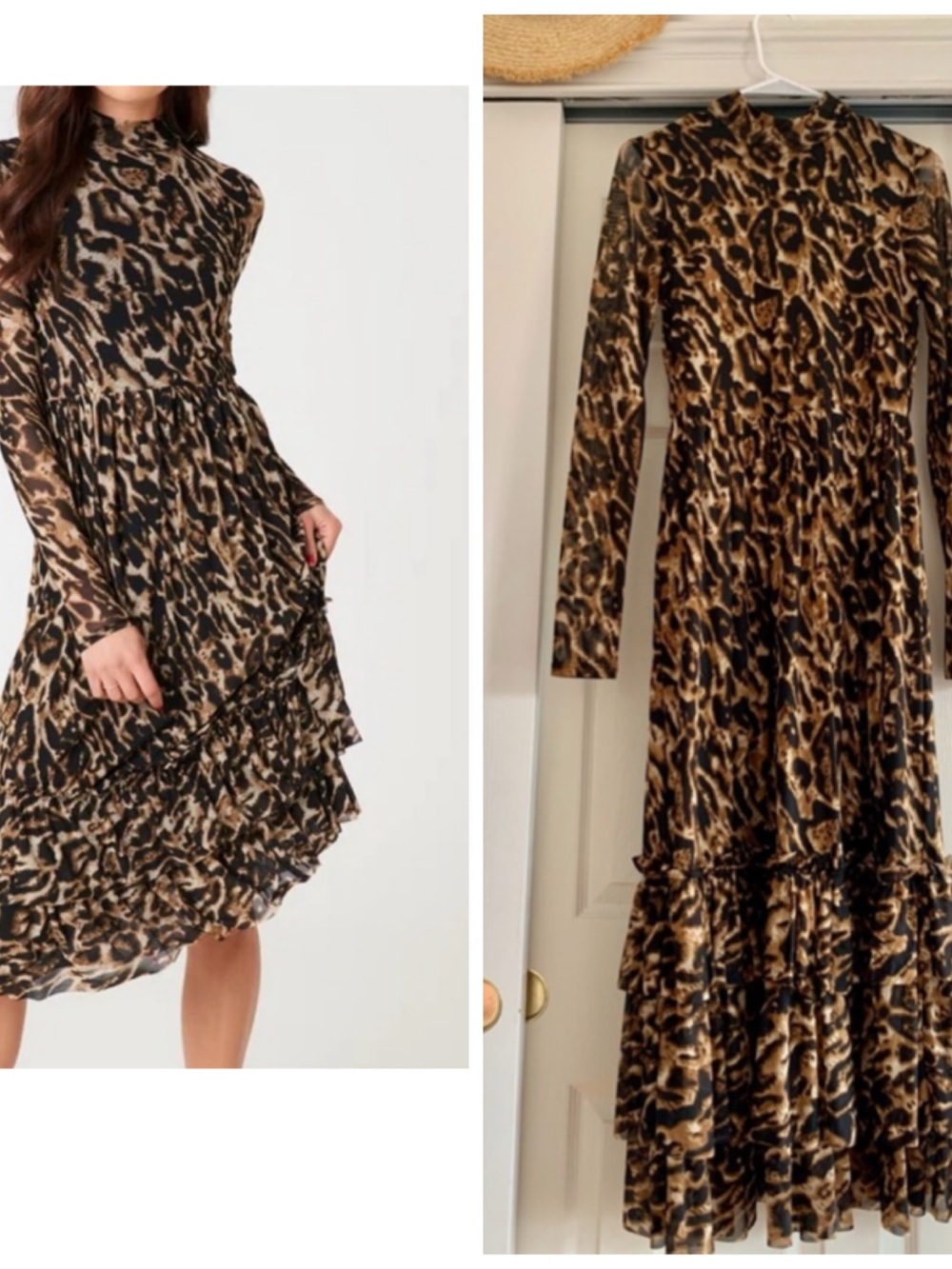 Leopard Print Long Sleeve Tiered Midi Dress - Brown/Black